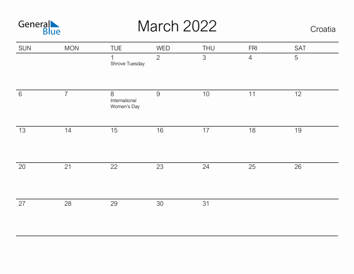 Printable March 2022 Calendar for Croatia