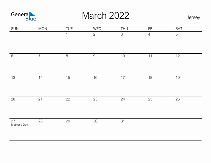 Printable March 2022 Calendar for Jersey