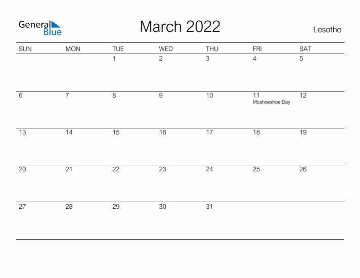 Printable March 2022 Calendar for Lesotho