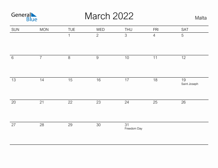 Printable March 2022 Calendar for Malta