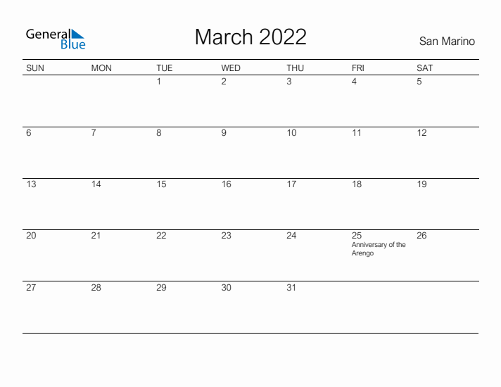 Printable March 2022 Calendar for San Marino