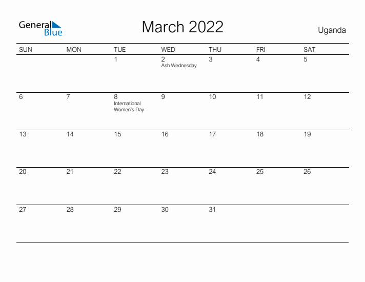 Printable March 2022 Calendar for Uganda