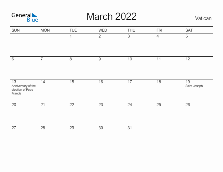 Printable March 2022 Calendar for Vatican