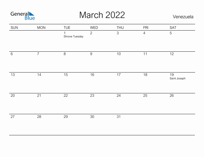 Printable March 2022 Calendar for Venezuela