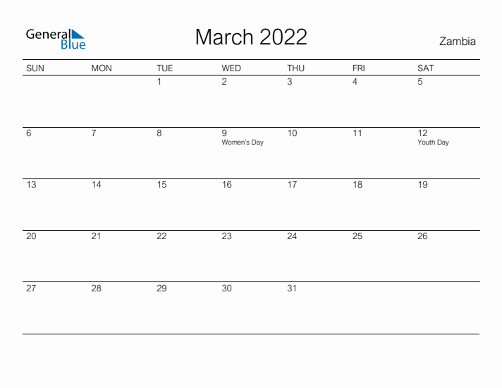 Printable March 2022 Calendar for Zambia