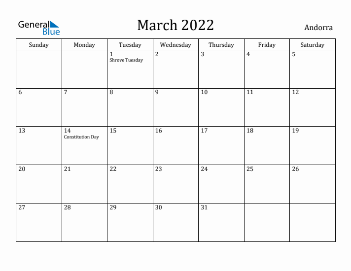 March 2022 Calendar Andorra