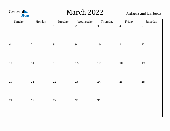 March 2022 Calendar Antigua and Barbuda