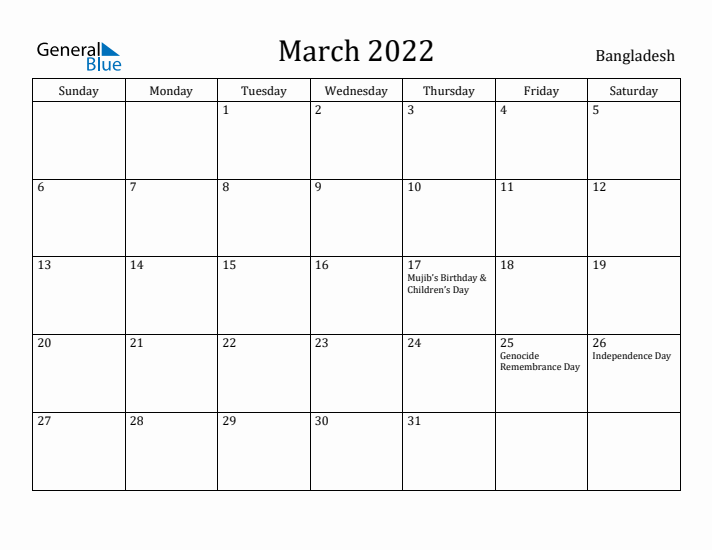 March 2022 Calendar Bangladesh