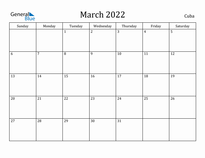 March 2022 Calendar Cuba