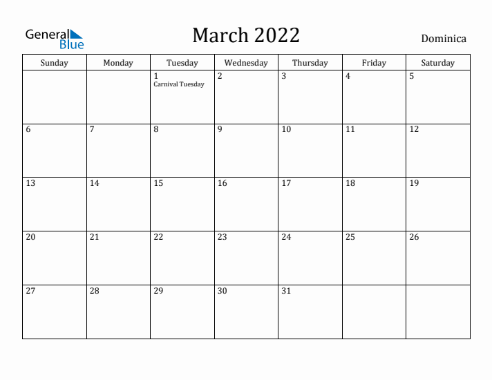 March 2022 Calendar Dominica