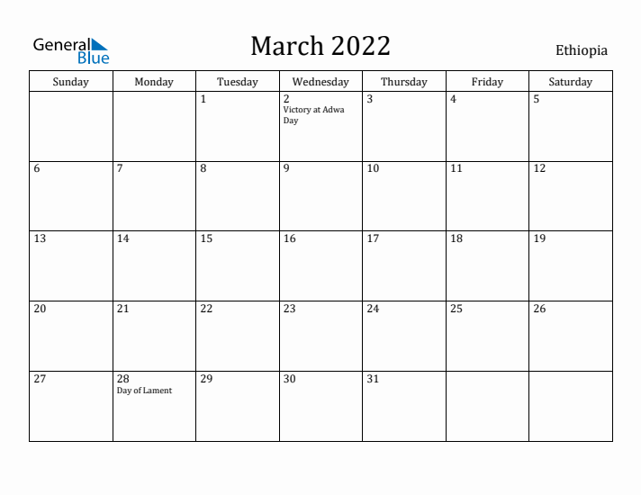 March 2022 Calendar Ethiopia