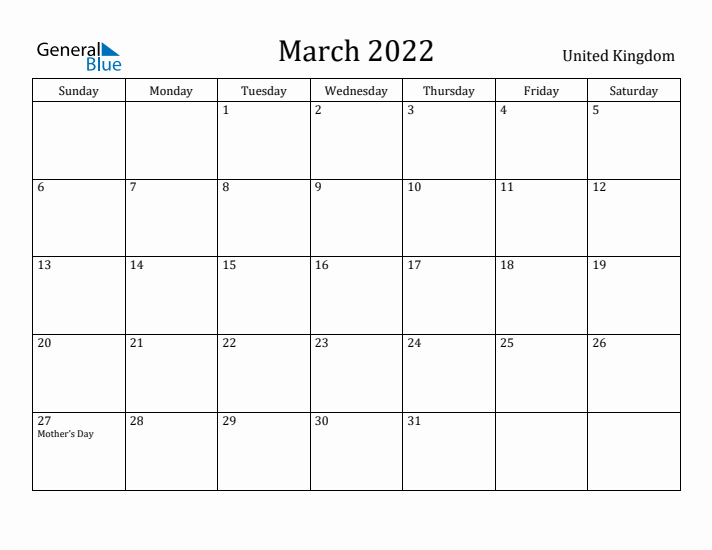 March 2022 Calendar United Kingdom