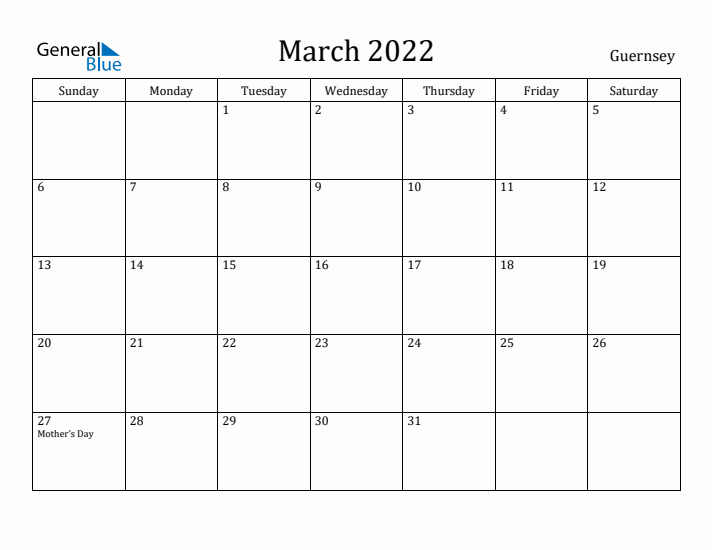 March 2022 Calendar Guernsey