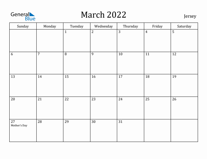 March 2022 Calendar Jersey