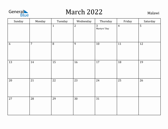 March 2022 Calendar Malawi