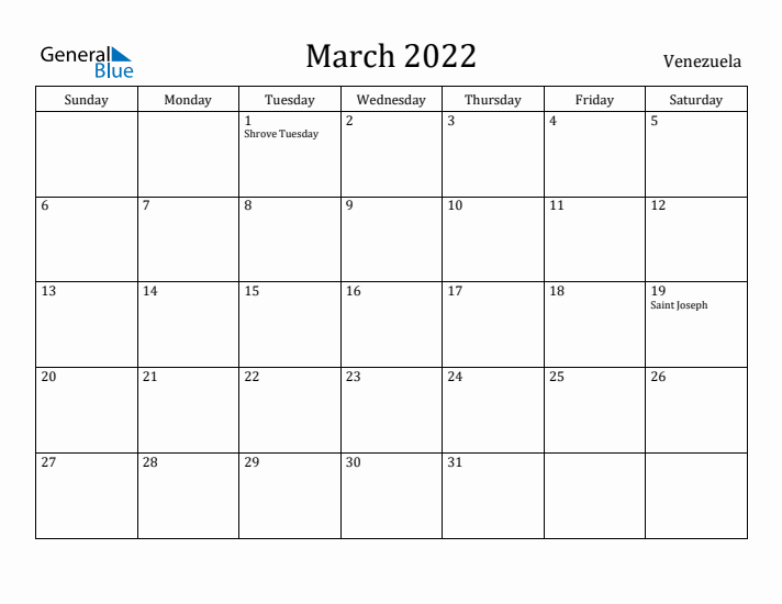 March 2022 Calendar Venezuela