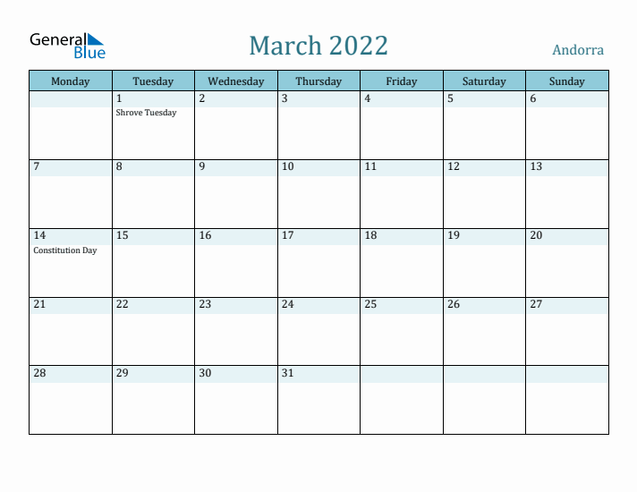 March 2022 Calendar with Holidays