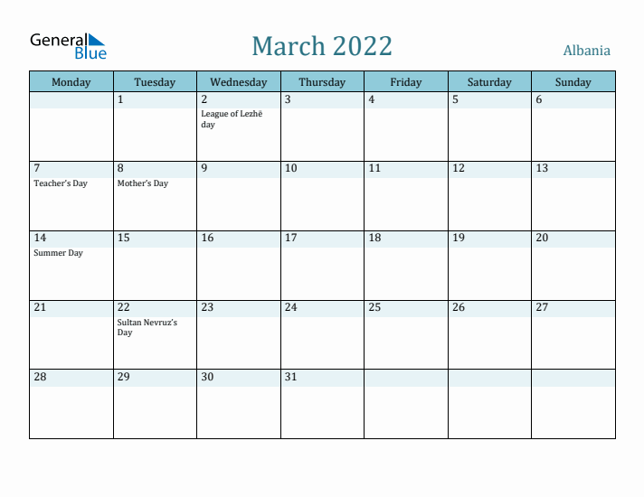 March 2022 Calendar with Holidays