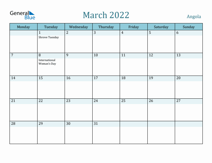 March 2022 Calendar with Holidays