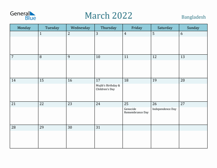 March 2022 Calendar with Holidays