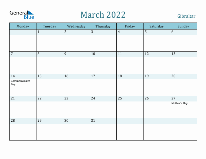 March 2022 Calendar with Holidays