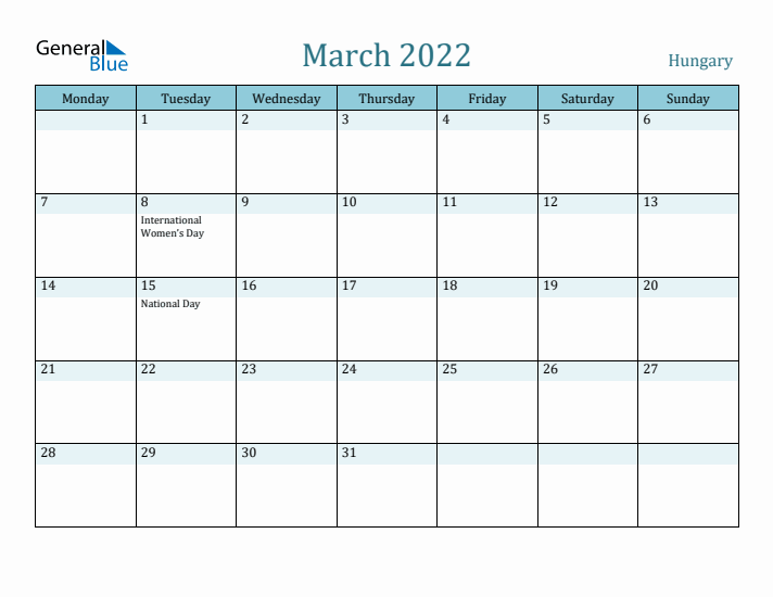 March 2022 Calendar with Holidays