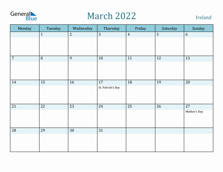 March 2022 Calendar with Holidays