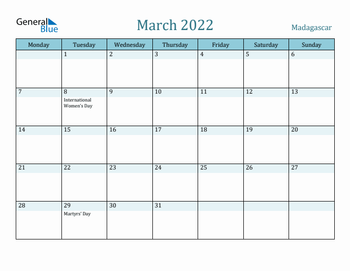 March 2022 Calendar with Holidays