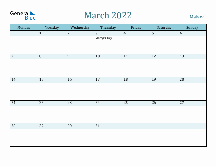 March 2022 Calendar with Holidays