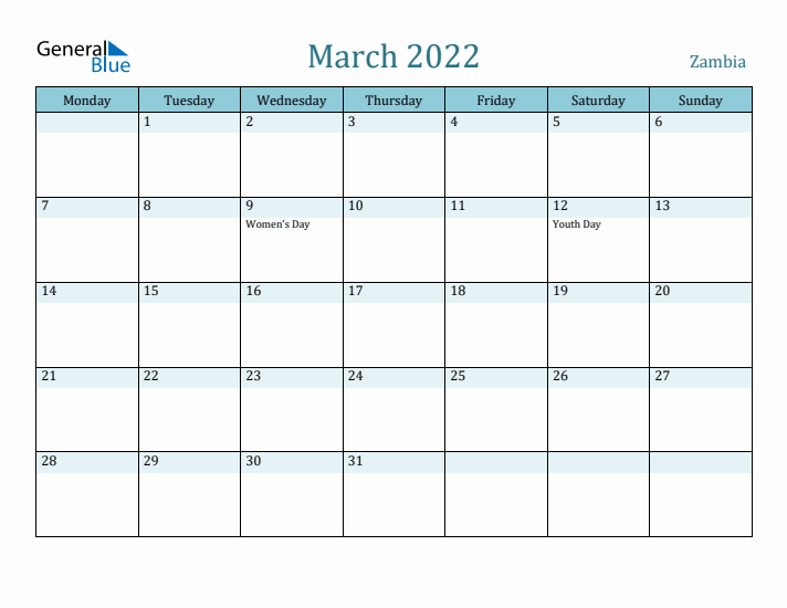 March 2022 Calendar with Holidays