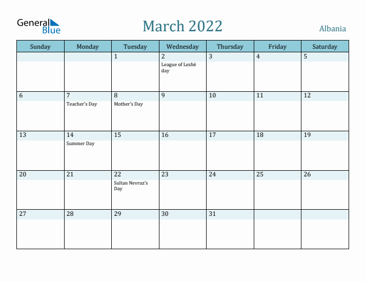 March 2022 Calendar with Holidays