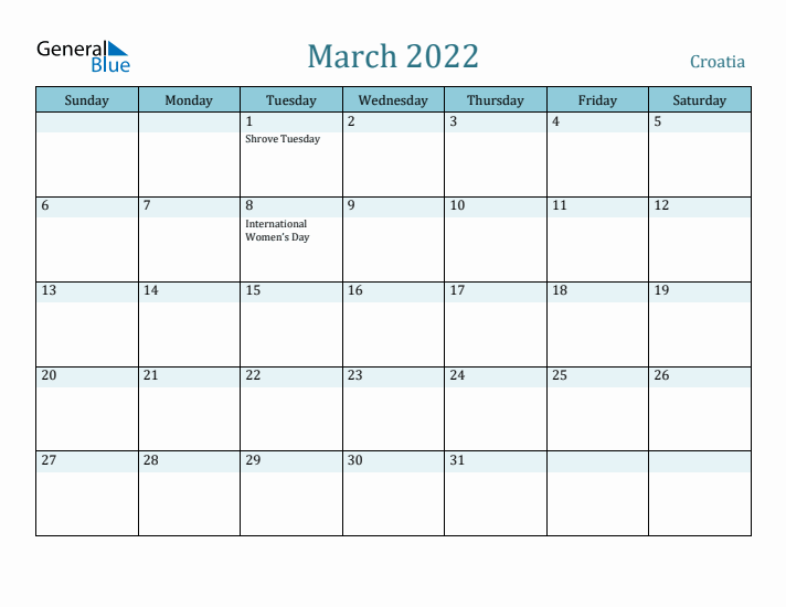 March 2022 Calendar with Holidays