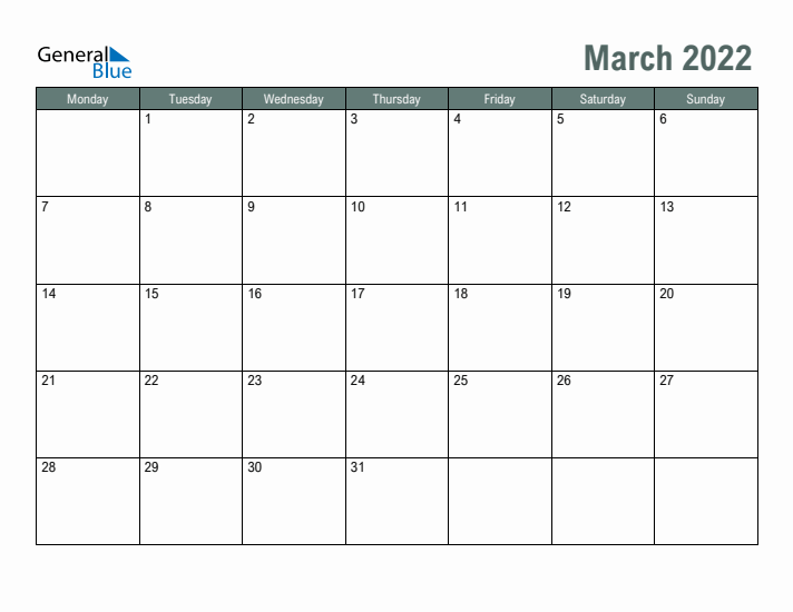 Free Printable March 2022 Calendar