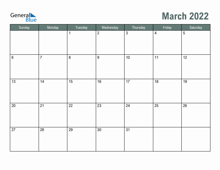 Free Printable March 2022 Calendar