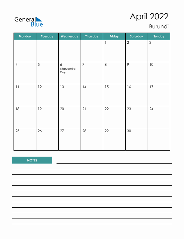 Calendar with Notes Printable - Monday Start