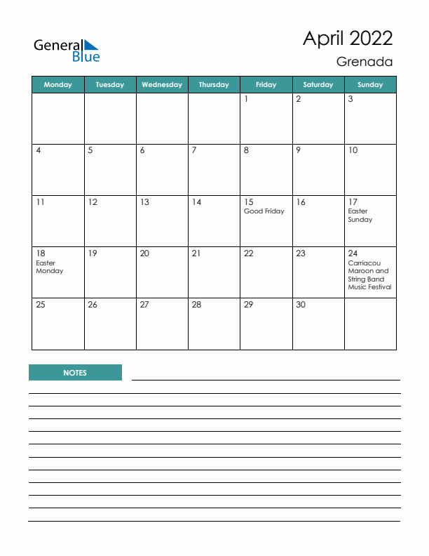 Calendar with Notes Printable - Monday Start