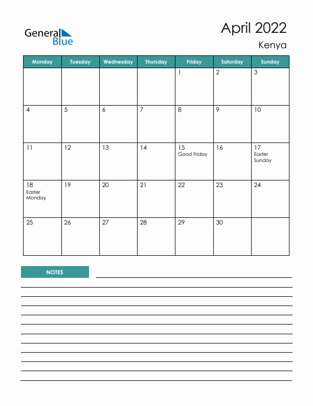 Calendar with Notes Printable - Monday Start