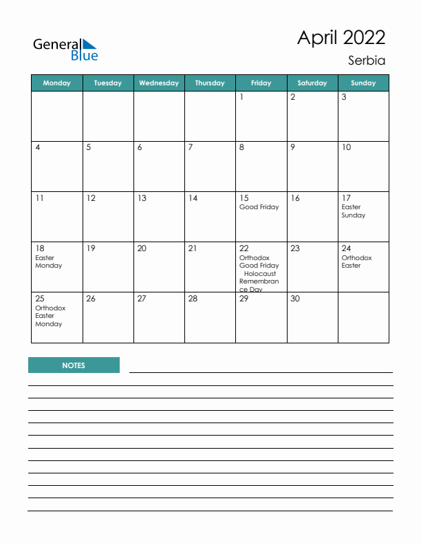 Calendar with Notes Printable - Monday Start