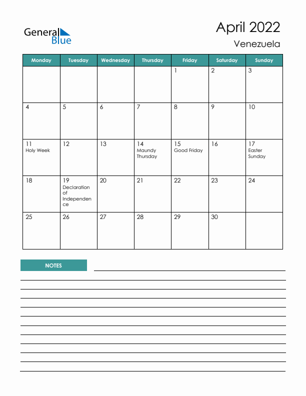 Calendar with Notes Printable - Monday Start