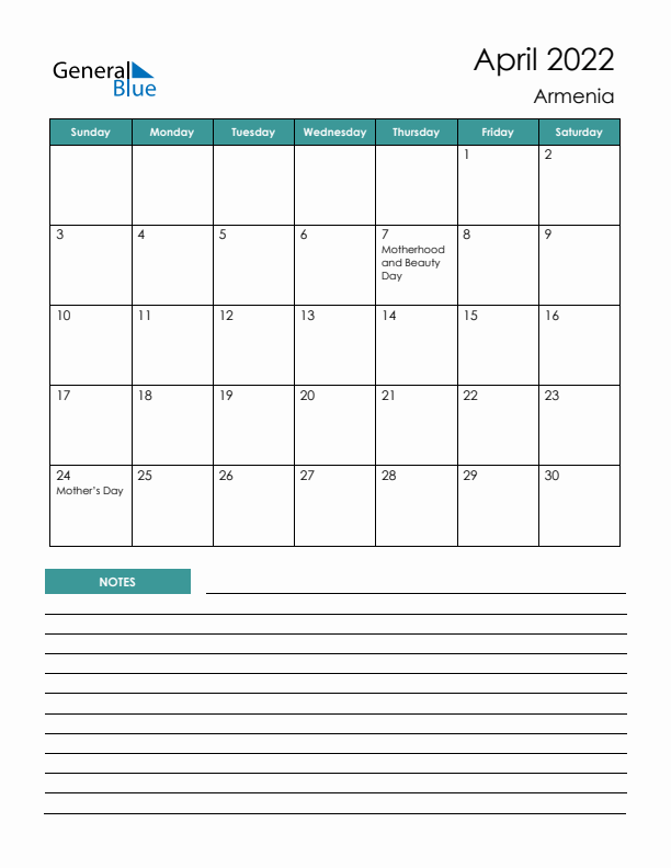 Calendar with Notes Printable - Sunday Start