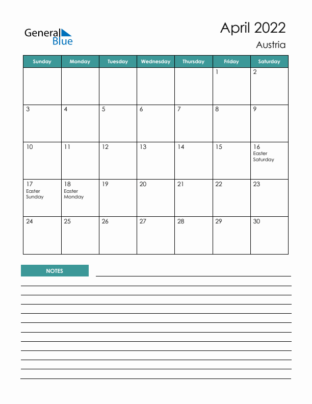 Calendar with Notes Printable - Sunday Start