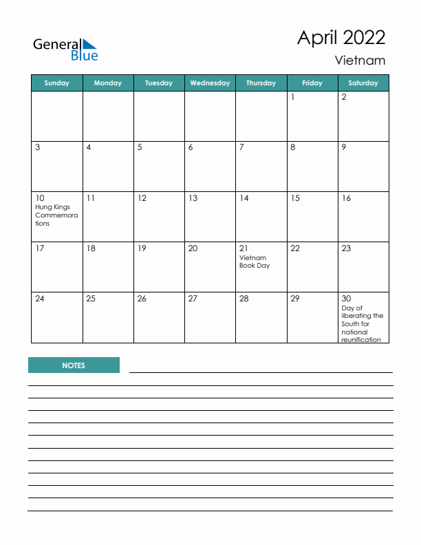 Calendar with Notes Printable - Sunday Start