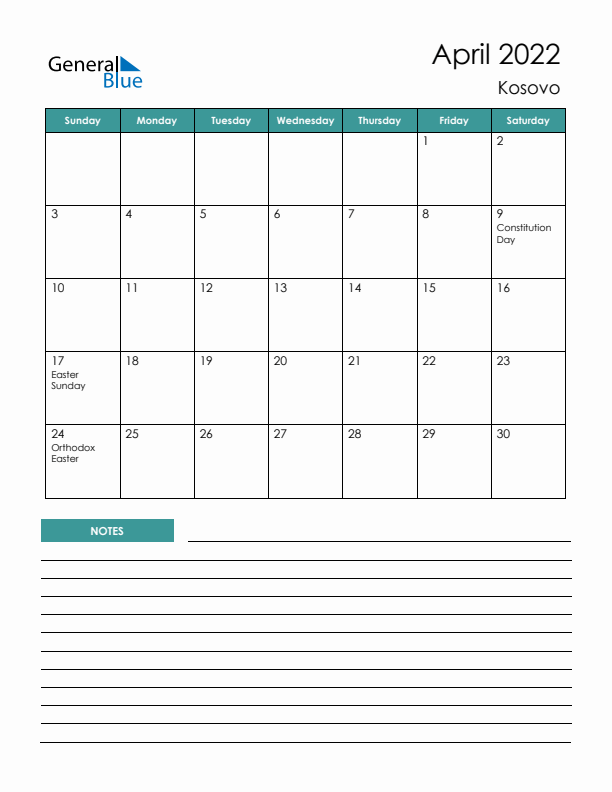 Calendar with Notes Printable - Sunday Start