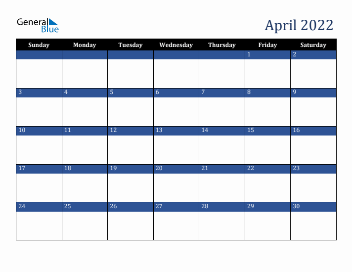 Sunday Start Calendar for April 2022