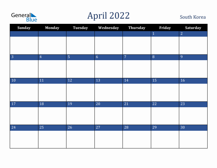 April 2022 South Korea Calendar (Sunday Start)