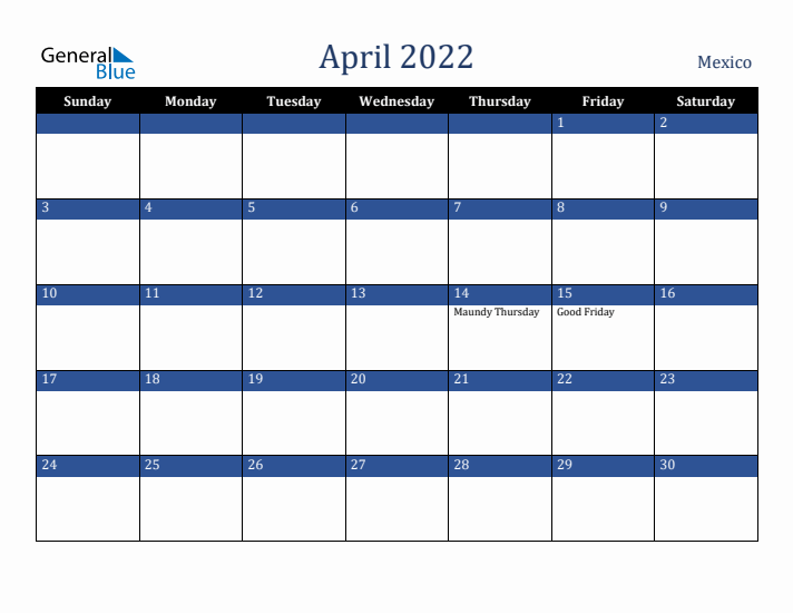 April 2022 Mexico Calendar (Sunday Start)