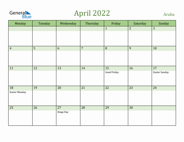 April 2022 Calendar with Aruba Holidays