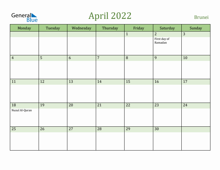 April 2022 Calendar with Brunei Holidays