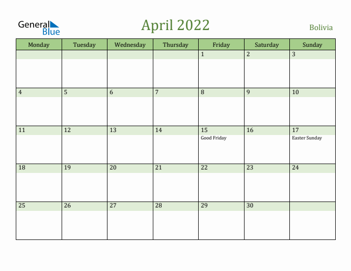 April 2022 Calendar with Bolivia Holidays