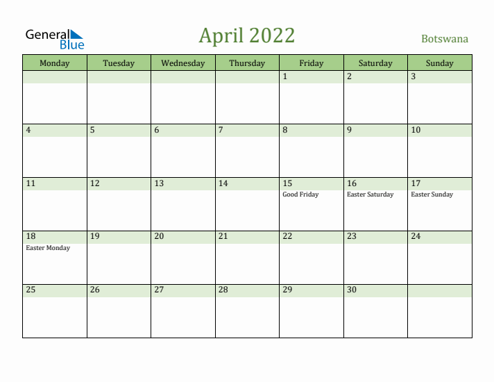 April 2022 Calendar with Botswana Holidays